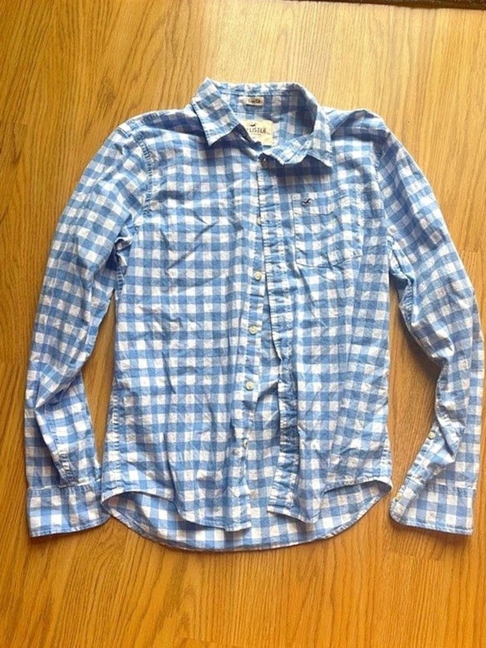 Hollister Blue and White Gingham Stretch Long Sleeve Button Down Shirt